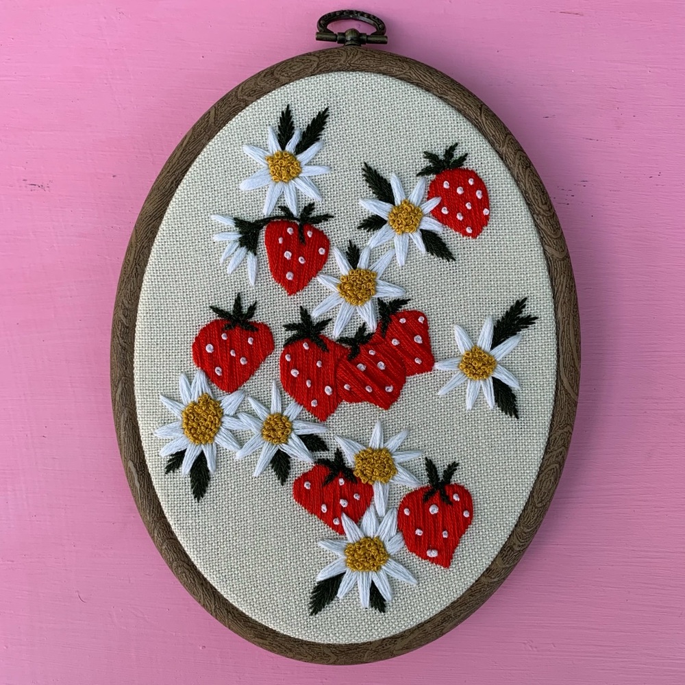 SOLD on Etsy. Strawberry embroidery made by me 🍓🍓🍓